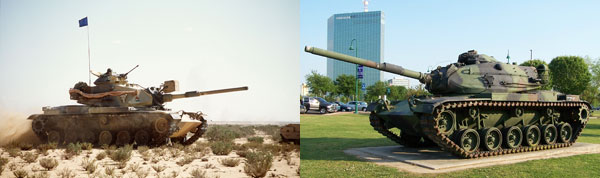 (좌)1991년 걸프전 당시 전방 개척용 도저를 장착한 미 해병대 소속의 M60A1. 미군이 마지막까지 사용한 M60 전차다.<br />
(우)이스라엘에서 개조한 마가크6