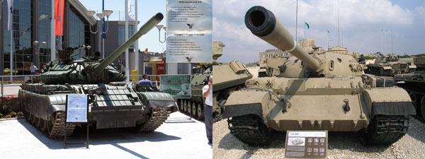(좌)1991년 걸프전 당시 격파된 이라크 군의 T-55<br /> 
(우)1997년 보스니아 전쟁에서 파괴된 T-55